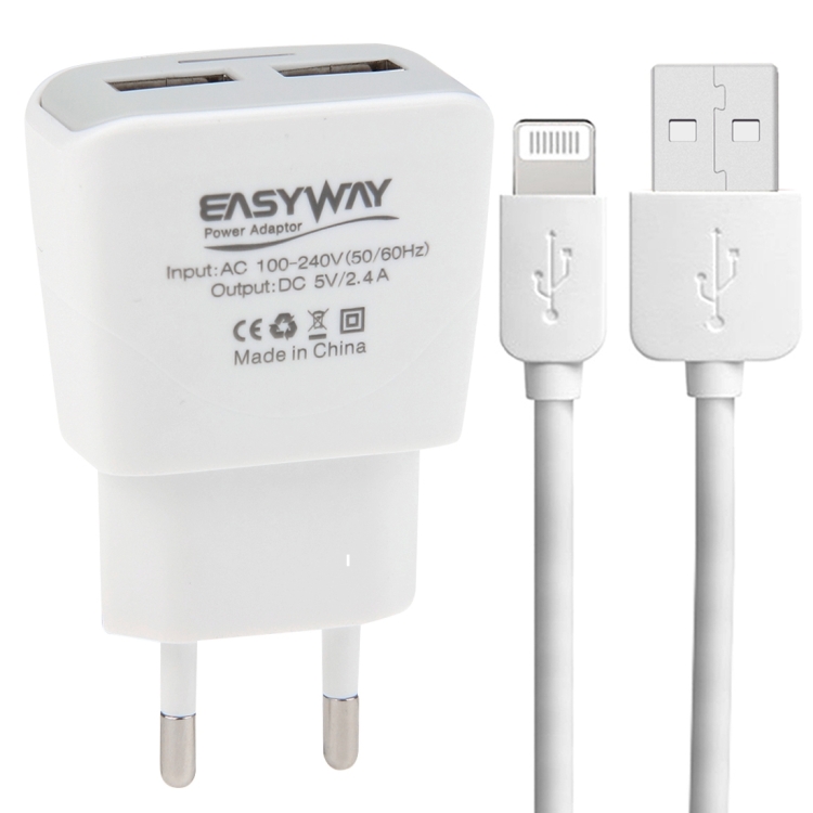 

2-Ports 5V 2.4A High Compatibility USB Quick Charger with 1m 8 Pin USB Data Charging Cable, For iPhone XR / iPhone XS MAX / iPhone X & XS / iPhone 8 & 8 Plus / iPhone 7 & 7 Plus / iPhone 6 & 6s & 6 Plus & 6s Plus / iPad, EU Plug