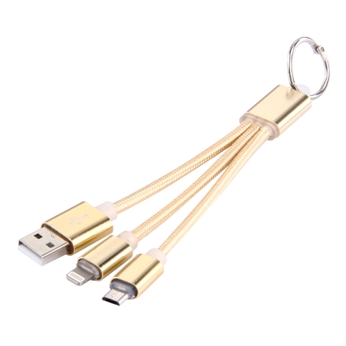 

2 in 1 Portable 10cm Woven Style Metal Head 8pin & Micro USB to USB Charging Cable with Ring, For iPhone & iPad & iPod & Samsung, HTC, Sony, Huawei, Xiaomi, Meizu, etc(Gold)