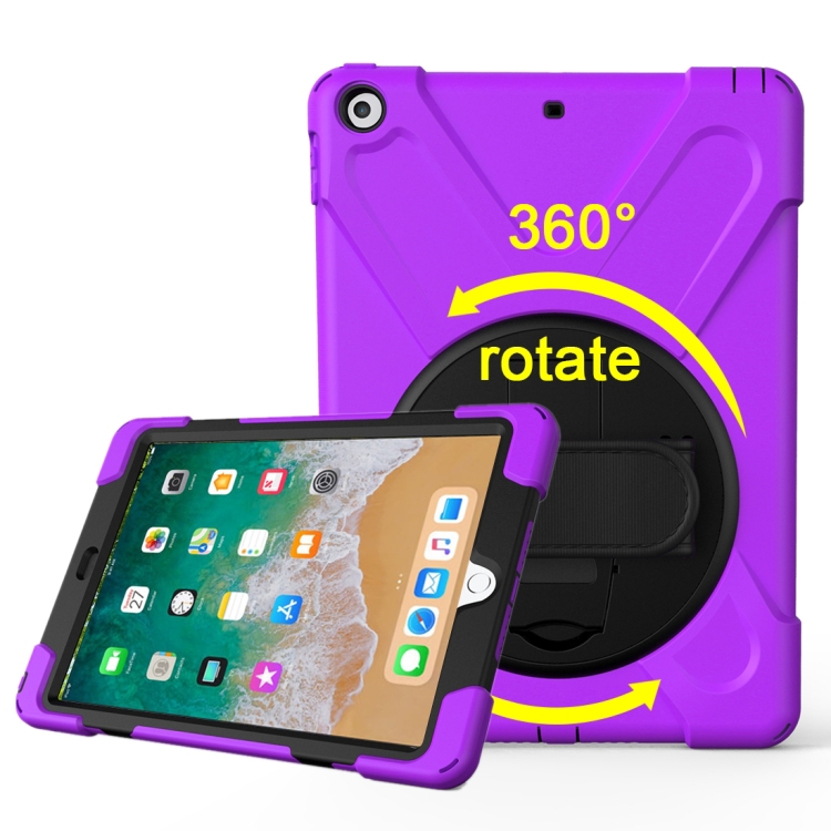

For iPad 9.7 (2018) & iPad 9.7 (2017) 360 Degree Rotation PC + Silicone Protective Case with Holder & Hand-strap(Purple)