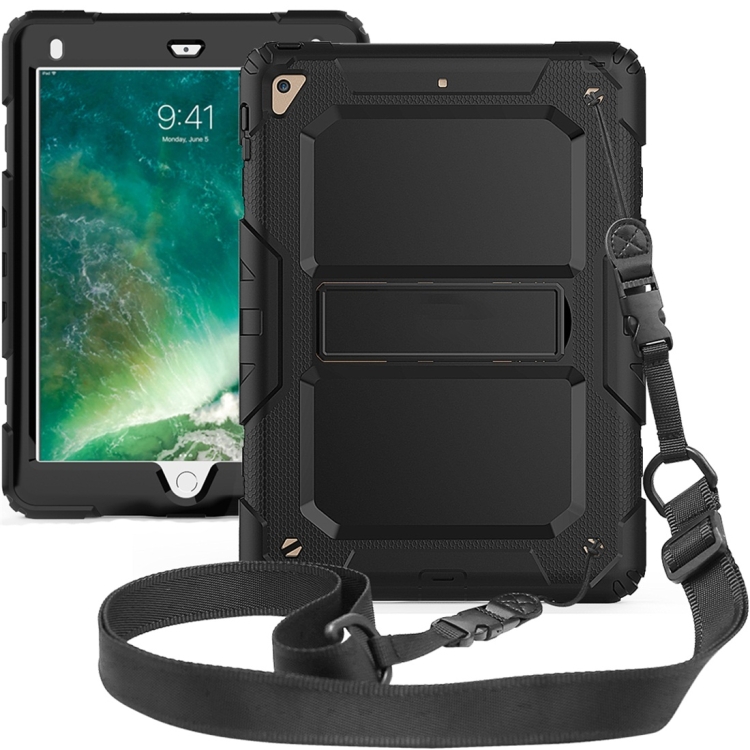 

Shockproof PC + Silica Gel Protective Case for iPad 9.7 (2018), with Holder & Shoulder Strap (Black)