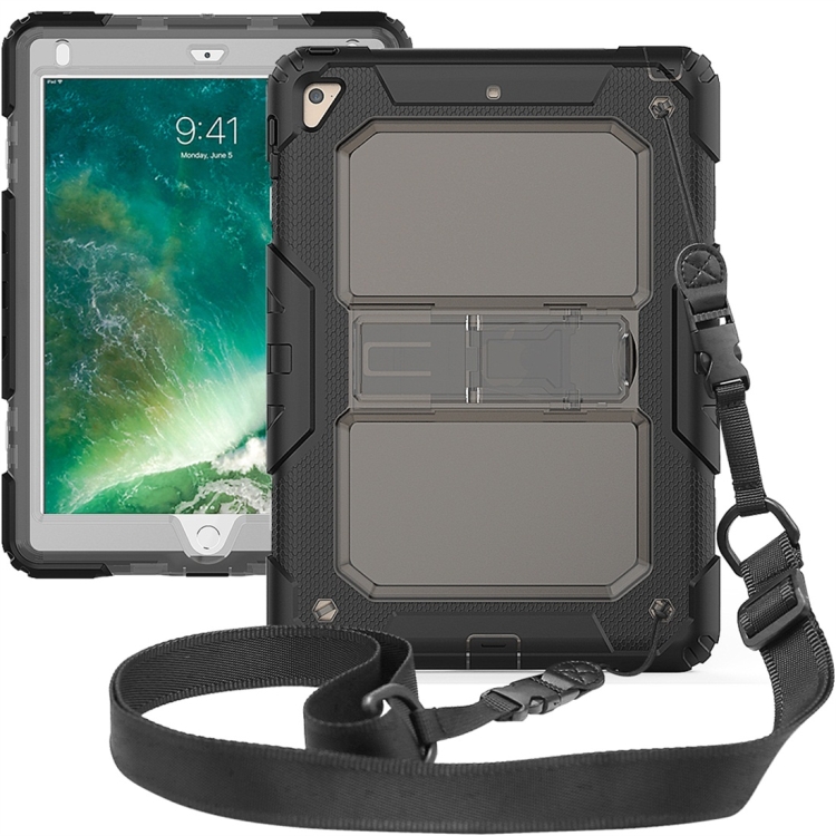 

Shockproof Transparent PC + Silica Gel Protective Case for iPad 9.7 (2018), with Holder & Shoulder Strap (Black)