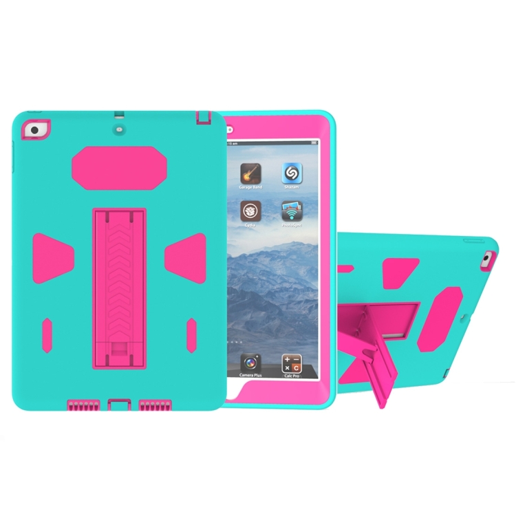 

For iPad 9.7 (2018) & iPad 9.7 (2017) PC+Silicone Shockproof Protective Back Cover Case With Holder (Magenta + Green)