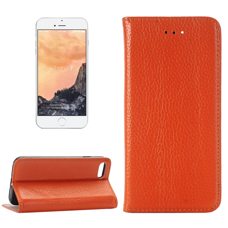 

For iPhone 8 & 7 Lichee Texture Horizontal Flip Genuine Leather Case with Holder & Card Slots & Wallet(Orange)
