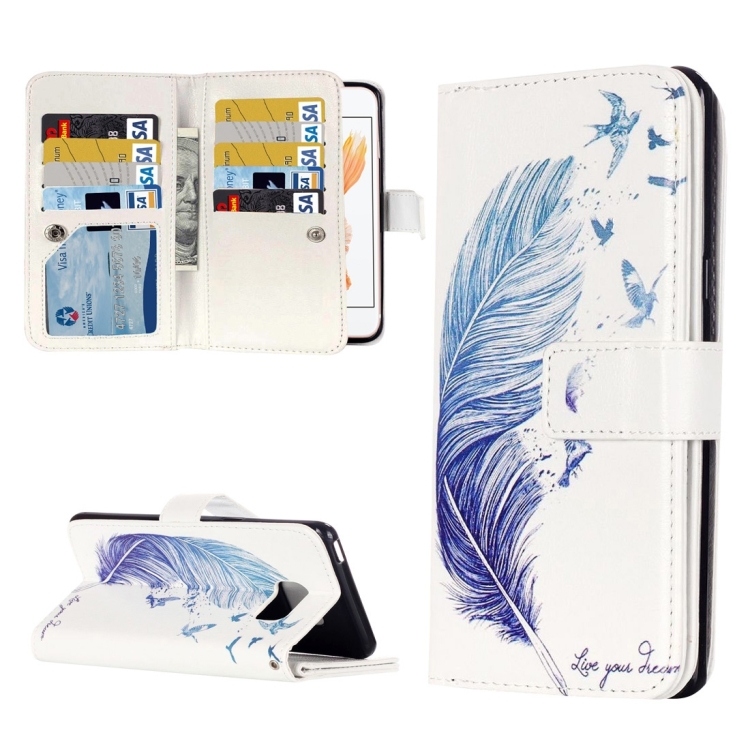 

For iPhone 8 & 7 Blue Feather Embossed Pattern Horizontal Flip Leather Case with 9 Card Slots & Wallet & Holder