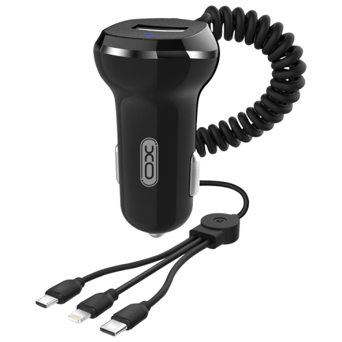 

XO CC-16 3 in 1 3.1A Universal Micro USB + Type-C + 8 Pin to USB Single-port Car Charger with Spring Charging Cable (Black)