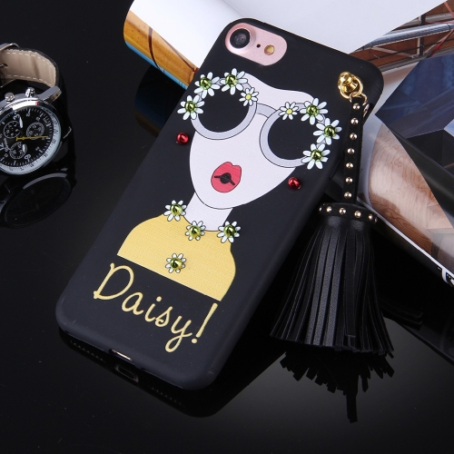 

For iPhone 8 & 7 Fashion Girl in Yellow and Wearing Glasses Pattern Soft TPU Protective Back Cover Case with Tassel Pendant(Black)