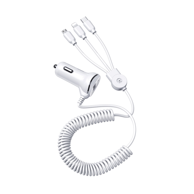 

REMAX RCC-225 Thunder 3.1A Single USB Interface Car Charger with 3 in 1 8 Pin + Micro USB + USB-C / Type-C Interface Spring Data Cable (White)