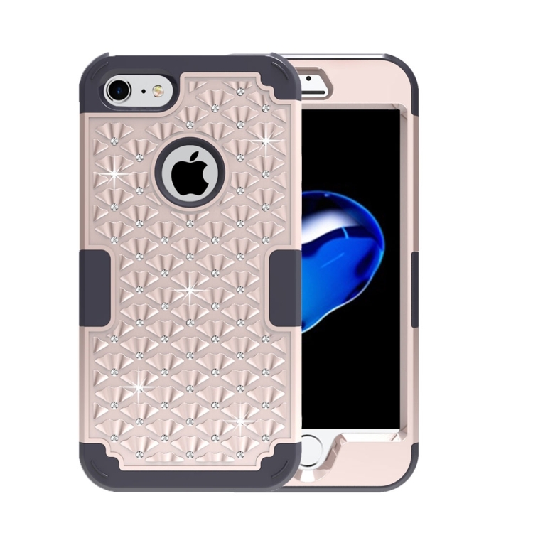 

For iPhone 8 & 7 3 in 1 Diamond Encrusted PC + Silicone Combination Case(Gold + Black)