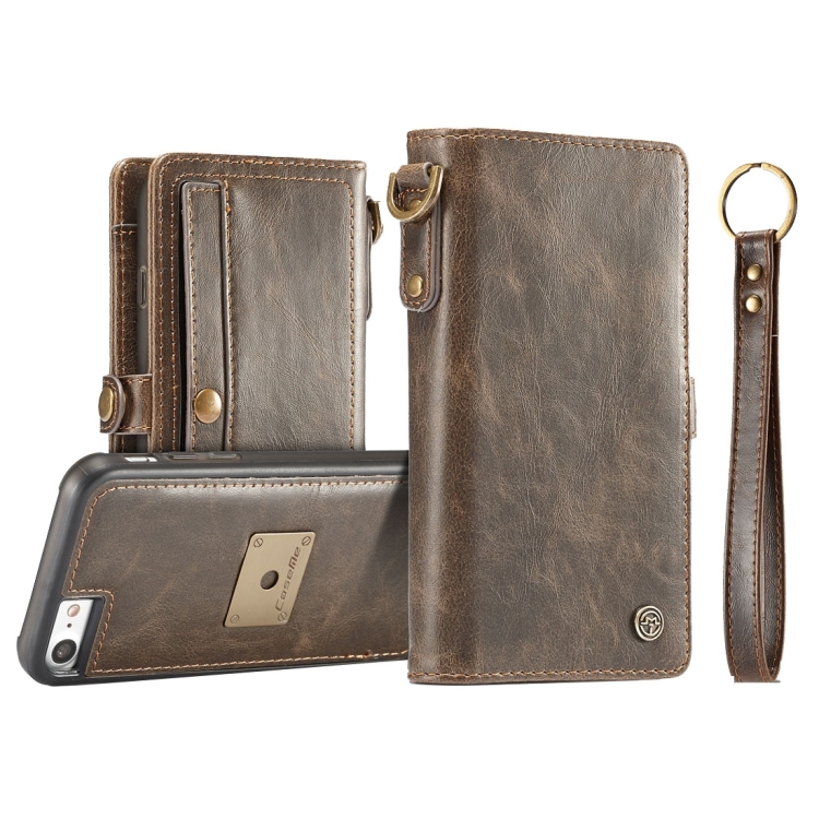 

CaseMe for iPhone 8 & 7 TPU + PC Detachable Magnetic Horizontal Flip Leather Case with Card Slots & Wallet & Photo Frame & Storage Cutouts & Metal Loop Lanyard(Coffee)