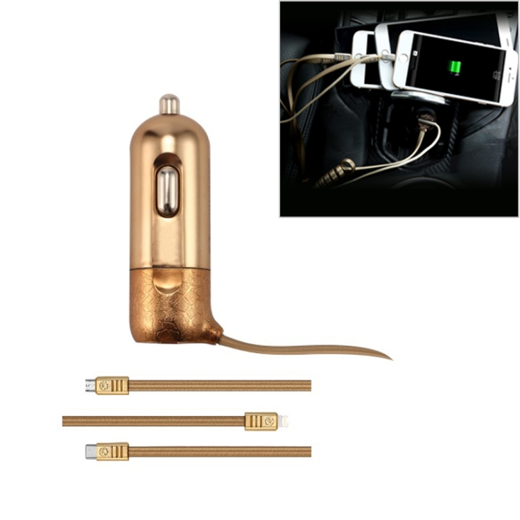 

WK WP-C04 3.4A Explorer Car Charger with 3 IN 1 Cable，8 Pin + Type-C + Mirco USB Cable, Length: 1.5m (Gold)