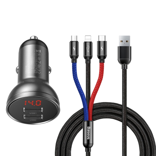 

Baseus 24W Dual USB Ports 4.8A Car Charger with Digital Display + 1.2m 3 in 1 Cable