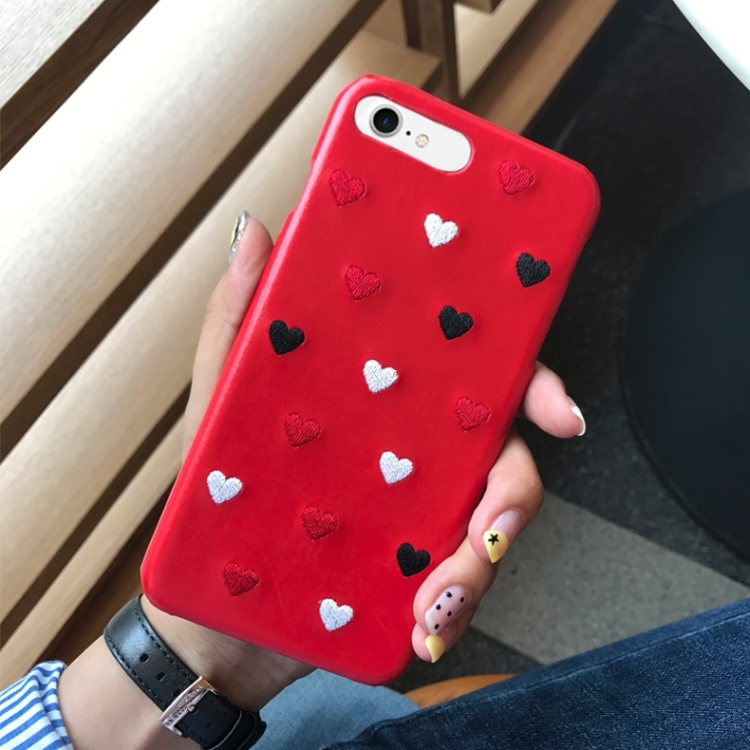 

For iPhone 8 & 7 Embroidery Heart Shockproof PU Protective Back Cover Case (Red)