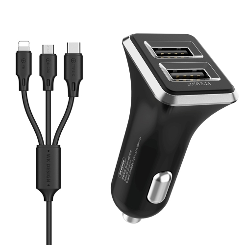 

WK WP-C19 3.1A Dual USB 3 in 1 8 Pin / Micro USB / USB-C / Type-C Data Cable + Spyker Car Charger (Black)