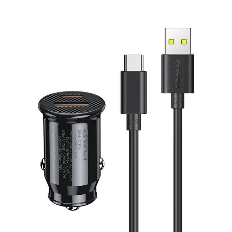 

awei C-706 20W PD Type-C + QC 3.0 Type-A Car Charger with CL-110T Data Cable