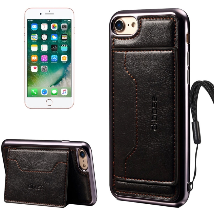 

For iPhone 8 & 7 Electroplating TPU Crazy Horse Texture Protective Leather Case with Holder & Card Slots & Lanyard (Black)