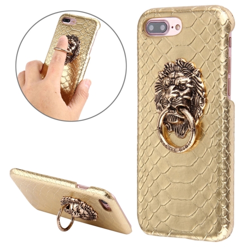 

For iPhone 8 Plus & 7 Plus Snakeskin Texture Paste Skin PC Protective Case with Lion Head Holder(Gold)