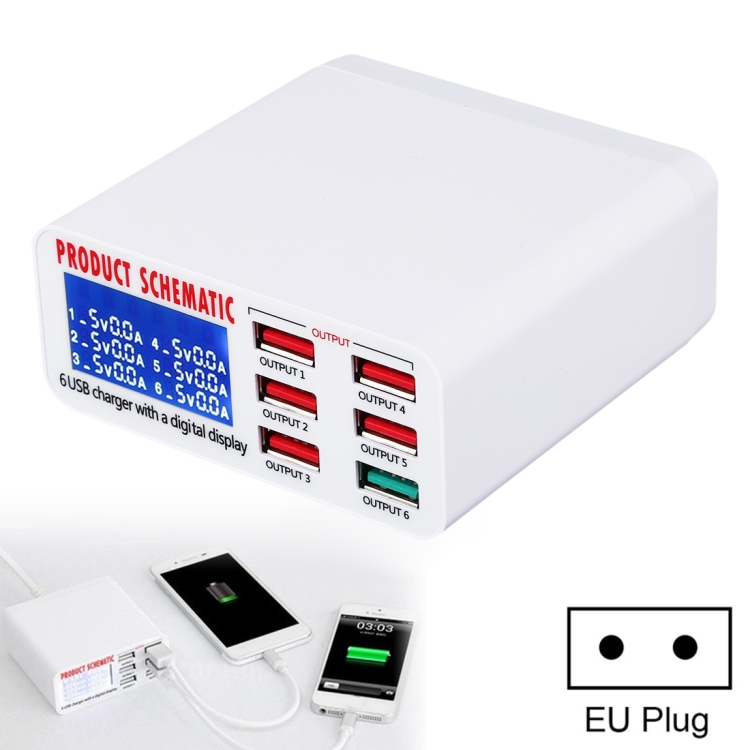 

896 40W QC 3.0 6 USB Ports Fast Charger with LCD Digital Display, EU Plug(White)