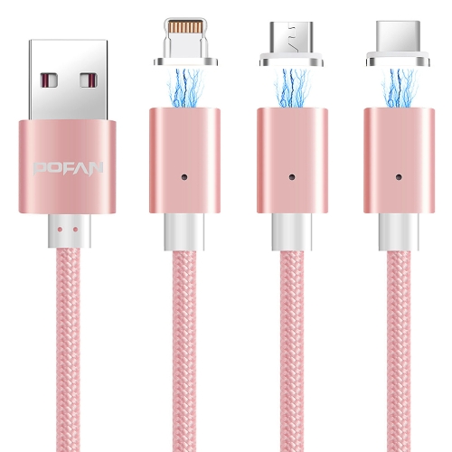 

POFAN P13 1m 2A Magnetic 8 Pin + Micro USB + USB-C / Type-C to USB Weave Style Data Sync Charging Cable with LED Light, For iPhone / iPad / Galaxy / Huawei / Xiaomi / LG / HTC / Meizu and Other Smart Phones(Rose Gold)