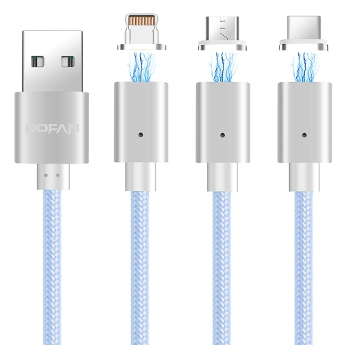 

POFAN P13 1m 2A Magnetic 8 Pin + Micro USB + USB-C / Type-C to USB Weave Style Data Sync Charging Cable with LED Light,, For iPhone / iPad / Galaxy / Huawei / Xiaomi / LG / HTC / Meizu and Other Smart Phones(Silver)