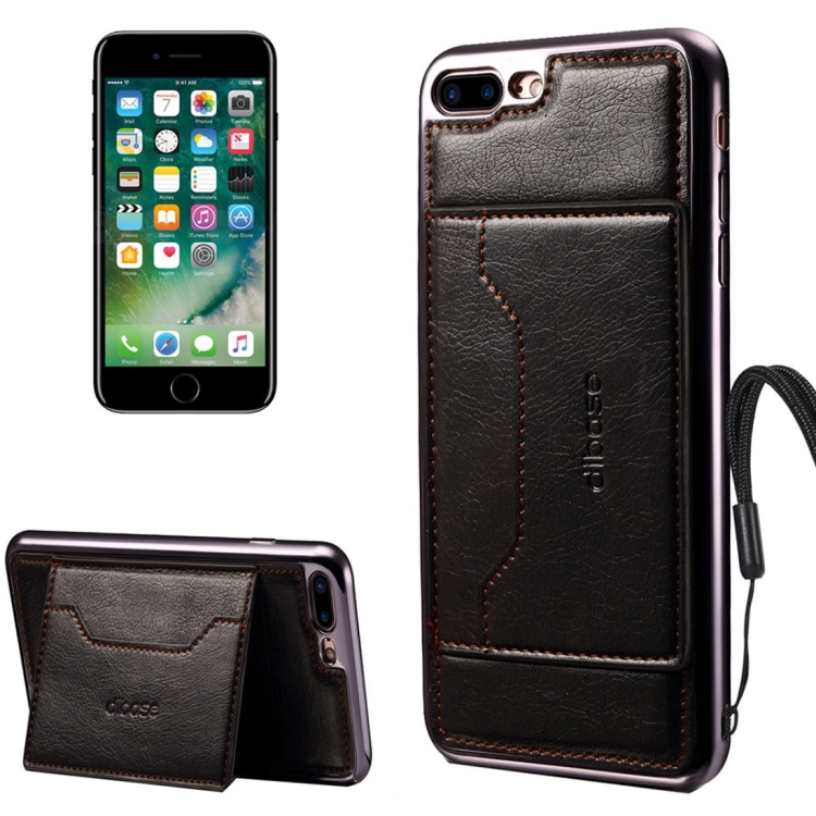 

For iPhone 8 Plus & 7 Plus Electroplating TPU Crazy Horse Texture Protective Leather Case with Holder & Card Slots & Lanyard(Black)