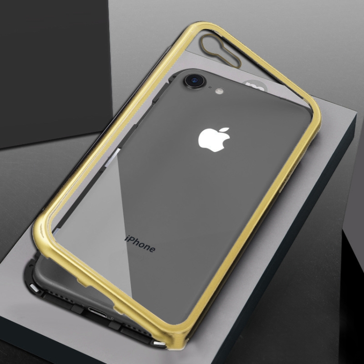 

Ultra Slim Magnetic Adsorption Metal Frame Tempered Glass Back Magnet Flip Case For iPhone SE 2020 & 8 & 7(Black + Gold)