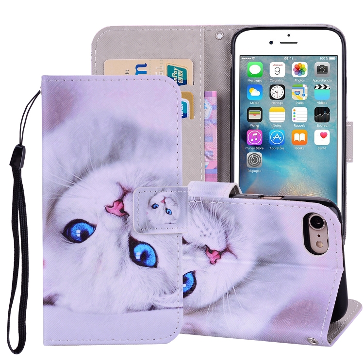 

White Cat Pattern Colored Drawing Horizontal Flip Leather Case for iPhone 8 & 7, with Holder & Card Slots & Wallet & Lanyard