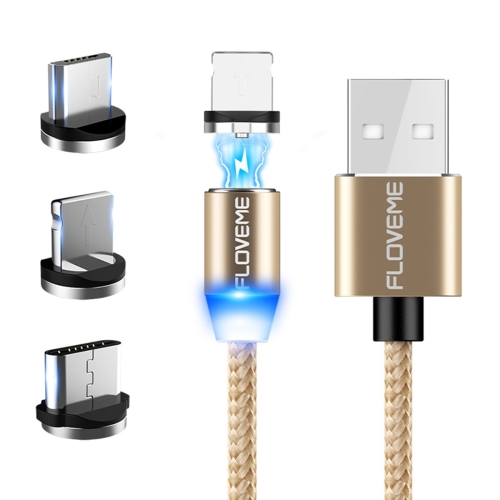 

FLOVEME 1m 2A 8 Pin + Micro USB + USB-C / Type-C to USB Nylon Magnetic Charging Cable, For iPhone, iPad, Galaxy, Sony, Huawei, Xiaomi, LG, HTC, Lenovo and Other Smartphones(Gold)