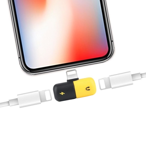

2 in 1 Dual 8 Pin Female to 8 Pin Male Pill Capsule Shape Mini Portable Audio & Charge Adapter Audio Splitter, For iPhone XS / iPhone XS Max / iPhone XR / iPhone X / iPhone 8 & 8 Plus / iPhone 7 & 7 Plus(Yellow+Black)