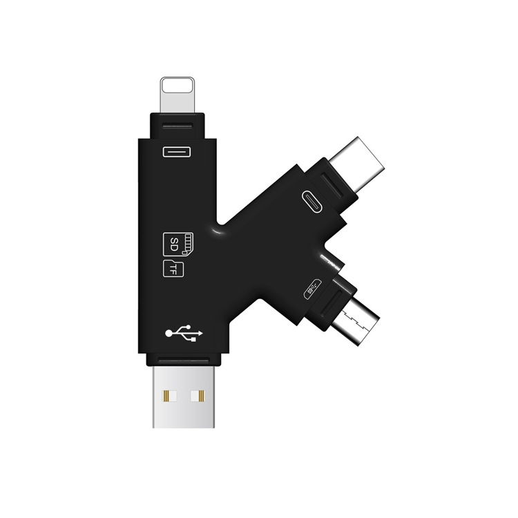 

4 in 1 USB 2.0 & Micro USB & USB-C / Type-C & 8 Pin Universal Multi-function TF / SD Card Reader (Black)
