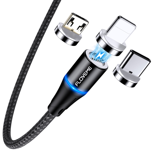 

FLOVEME 1m USB-C / Type-C + Micro USB + 8 Pin to USB Round Head Magnetic 3A Fast Charging & Data Cable(Black)