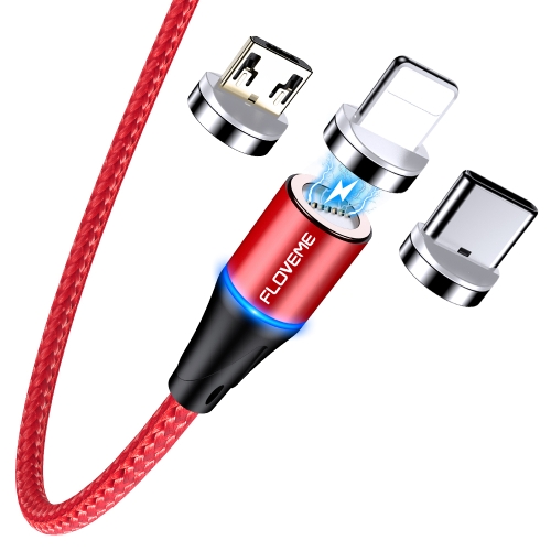 

FLOVEME 1m USB-C / Type-C + Micro USB + 8 Pin to USB Round Head Magnetic 3A Fast Charging & Data Cable(Red)