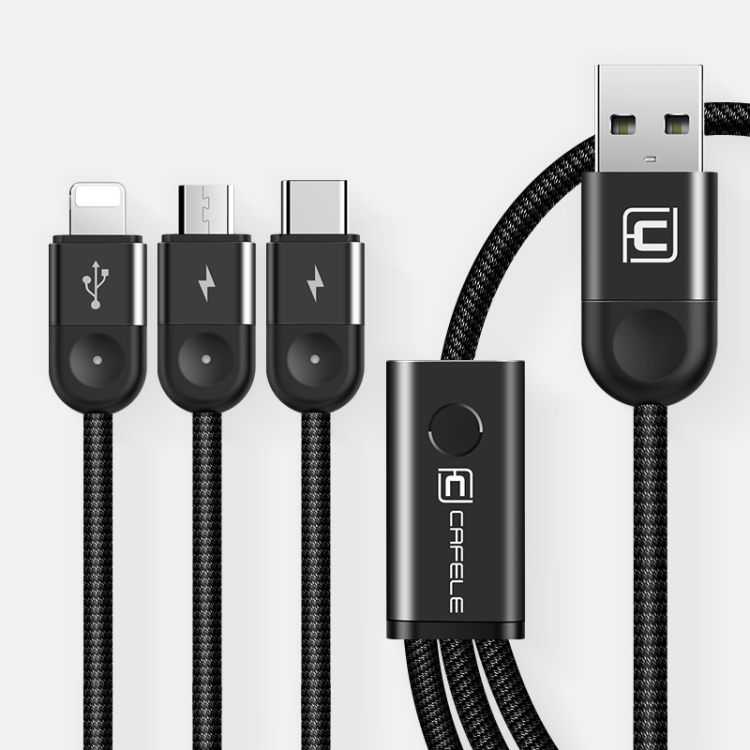 

CAFELE 3 In 1 8 Pin + Micro USB + Type-C / USB-C Light Speed Charging Cable with LED Light, Length: 1.3m(Black)