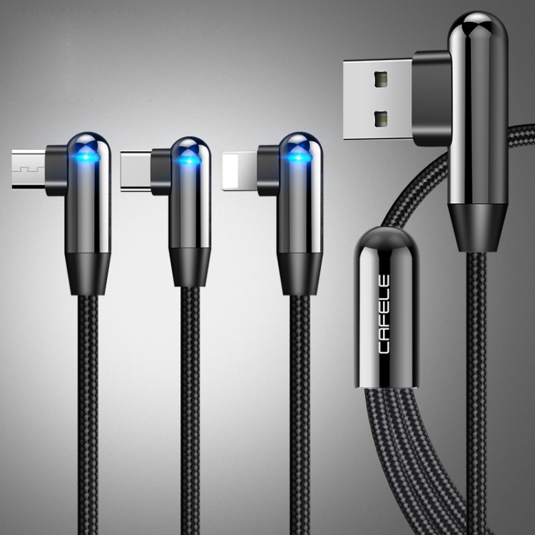 

CAFELE 3 In 1 8 Pin + Micro USB + Type-C / USB-C Atomic Series 90 Degree Bend Design Charging Data Cable, Length: 1.3m (Black)