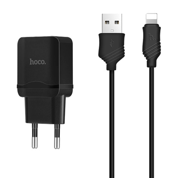 

hoco C22A Single USB Interface EU Plug Travel Charger + 8 Pin 1m Data Cable Set(Black)