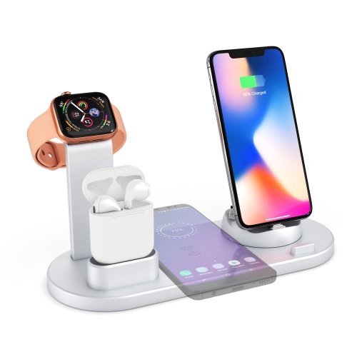 

HQ-UD15 5 in 1 8 Pin + Micro USB + USB-C / Type-C Interfaces + 8 Pin Earphone Charging Interface + Wireless Charging Charger Base with Watch Stand(Silver)