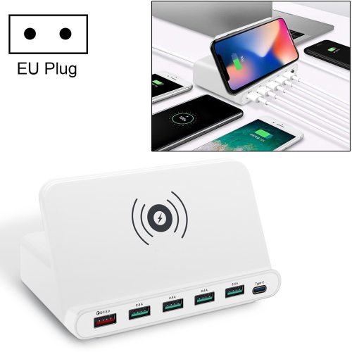 

828W 7 in 1 60W QC 3.0 USB Interface + 4 USB Ports + USB-C / Type-C Interface + Wireless Charging Multi-function Charger with Mobile Phone Holder Function, EU Plug(White)