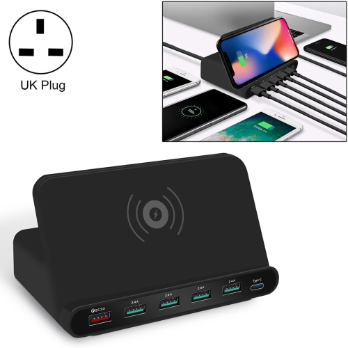 

828W 7 in 1 60W QC 3.0 USB Interface + 4 USB Ports + USB-C / Type-C Interface + Wireless Charging Multi-function Charger with Mobile Phone Holder Function, UK Plug(Black)