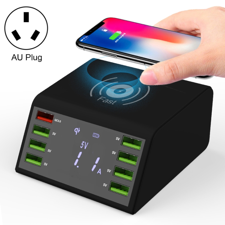

838W 9 in 1 QC 3.0 USB Interface + 7 USB Ports + QI Wireless Fast Charging Multi-function Charger with LED Display, AU Plug(Black)