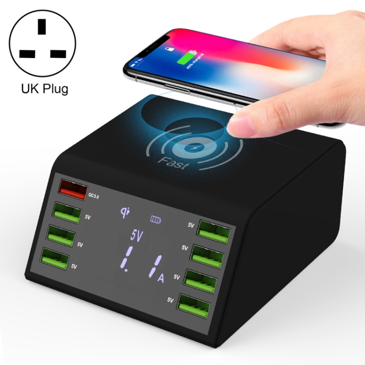 

838W 9 in 1 QC 3.0 USB Interface + 7 USB Ports + QI Wireless Fast Charging Multi-function Charger with LED Display, UK Plug(Black)