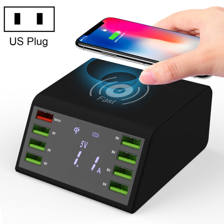

838W 9 in 1 QC 3.0 USB Interface + 7 USB Ports + QI Wireless Fast Charging Multi-function Charger with LED Display, US Plug(Black)