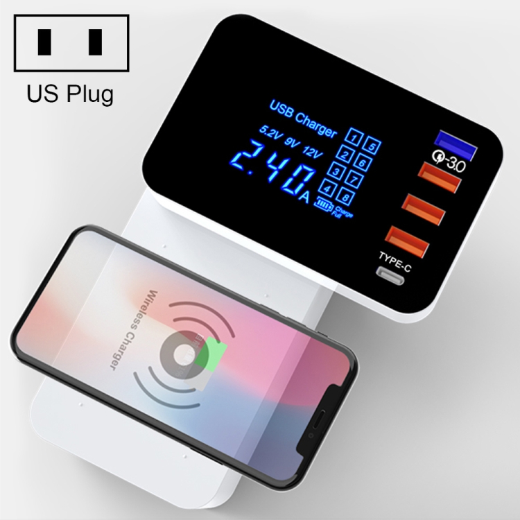

CDA33QW 40W QC 3.0 USB Ports + 3 USB Ports + USB-C / Type-C Ports + Wireless Charging Multi-function Foldable Charger with LED Display, US Plug