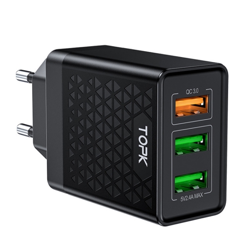 

TOPK B354Q 3A 30W QC3.0 3 Ports Quick Charging USB Charger Travel Adapter (Black)