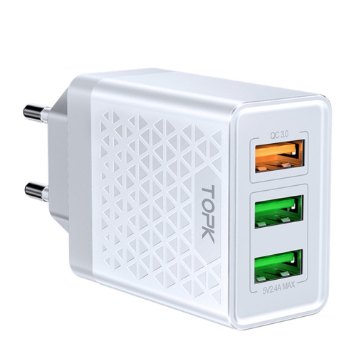 

TOPK B354Q 3A 30W QC3.0 3 Ports Quick Charging USB Charger Travel Adapter (White)