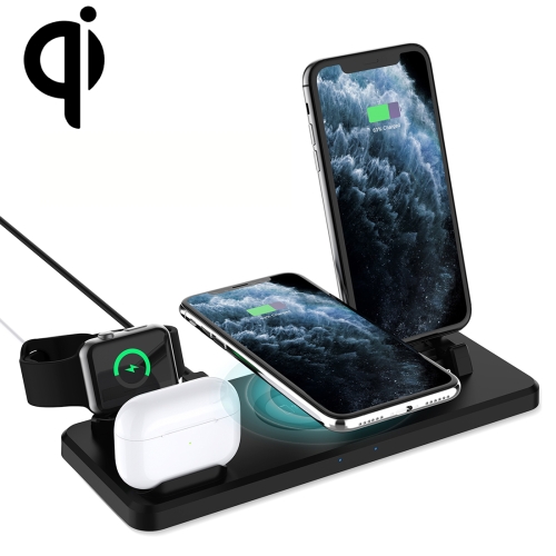 

Q720 6 in 1 15W 8 Pin + USB-C / Type-C + USB + 8 Pin Earphone Charging Interface + QI Wireless Charging Multifunctional Wireless Charger with Mobile Phone / Watch Stand Function(Black)