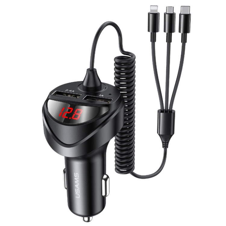 

USAMS US-CC119 C22 3.4A Dual USB Digital Display Car Charger with 3 In 1 Spring Cable