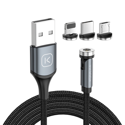 

KUULAA KL-O135 1m 2.4A Max 3 in 1 USB to 8 Pin + USB-C / Type-C + Micro USB 540 Degree Single Point Rotating Magnetic Charging Cable (Black)