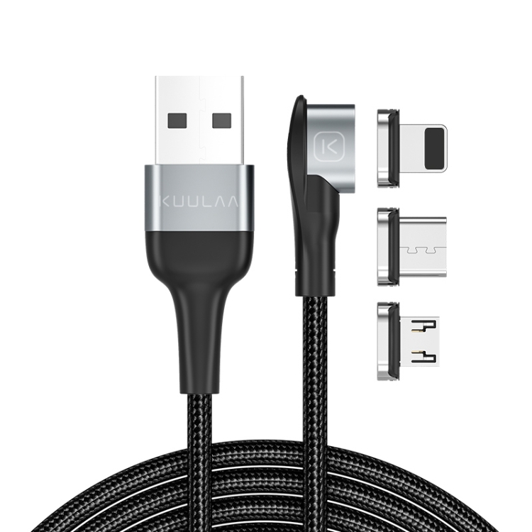 

KUULAA KL-O140 1m 3A Max 3 in 1 USB to 8 Pin + USB-C / Type-C + Micro USB Angle Head Magnetic Charging Data Cable (Black)