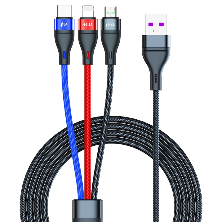

40W 5A USB to Micro USB + USB-C / Type-C + 8 Pin Fast Charging Data Cable, Cable Length: 1.2m