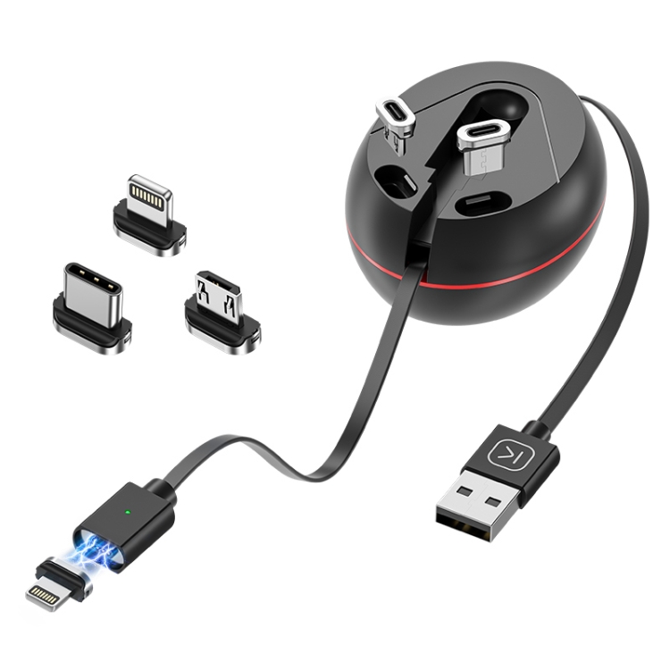 

KUULAA KL-O138 1m 3A Max 3 in 1 USB to 8 Pin + USB-C / Type-C + Micro USB Magnetic Metal Connector Retractable Magnetic Data Cable (Black)