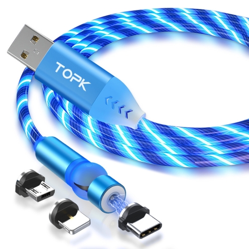

TOPK AM22 3 in 1 USB to 8 Pin + Micro USB + USB-C / Type-C 540 Degree Bendable Streamer Ball Magnetic Data Cable, Cable Length: 1m (Blue)
